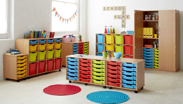 classroom storage trays and cupboards